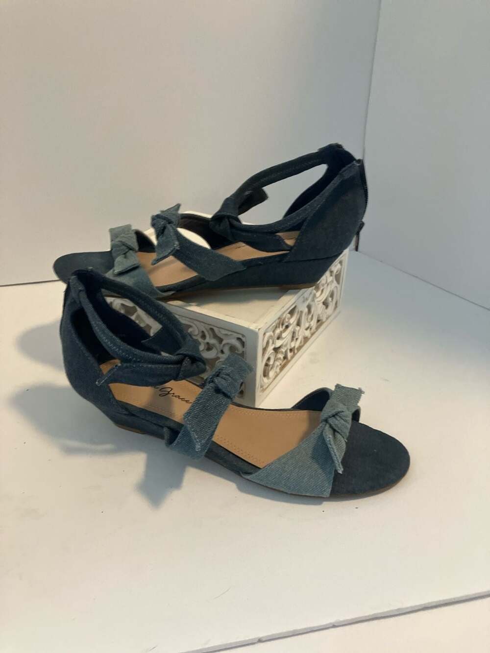 Amelia Grace Two-Tone Denim Knotted Low Wedge Sandal